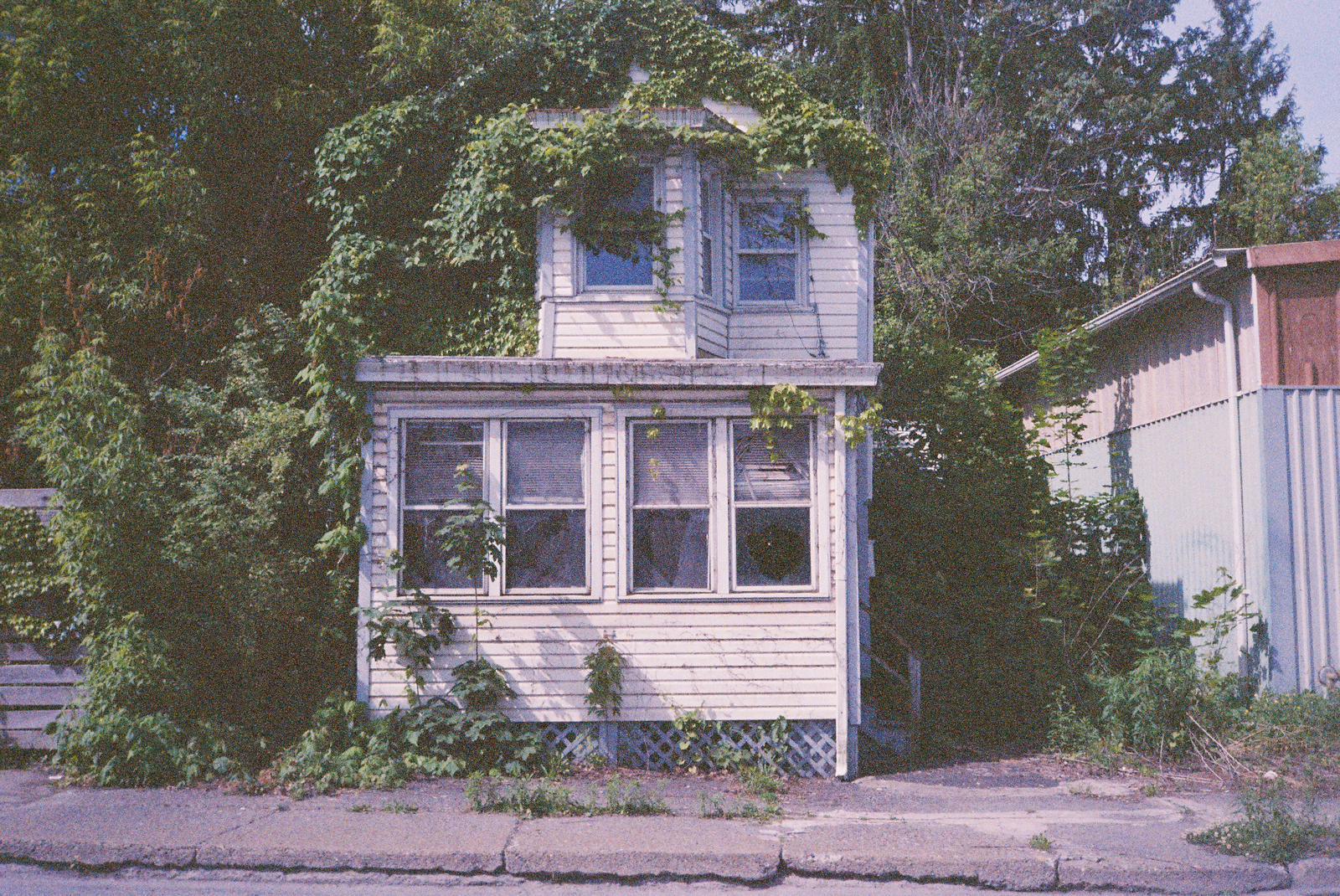 Wit huis begroeid met klimop